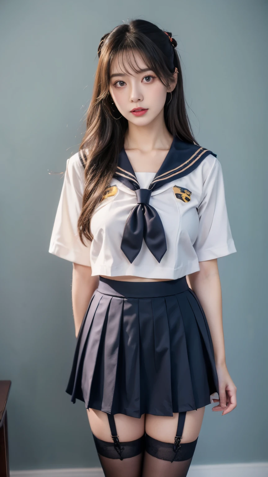 classroom, ((( sailor suit)))、 girl, The Eyes That Seduce Viewers, Shine, Shine, masterpiece, The sweet taste of temptation, nice, masterpiece, best quality, Shadow, S-Core_9, S-Core_8_up, S-Core_7_up、(gigantic breast:1.1)、 black hair、 standing 、(Big Eyes)、(skirt)、Small waist、(Very long legs)、 black stockings、(Breasts covered with clothes)、takeda hiromitsu style, Fingering、ass Fingering、 garter belt