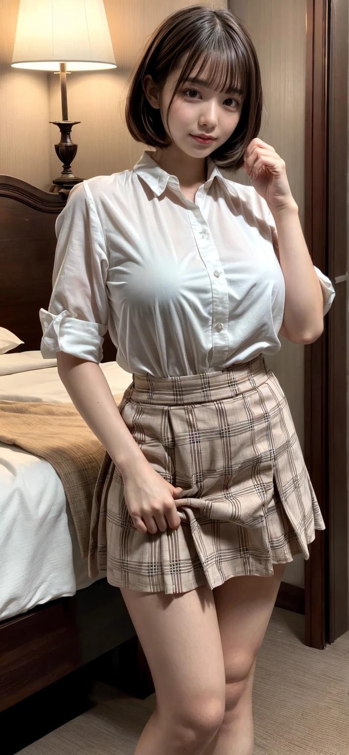 (8K, RAW Photos, Highest quality, masterpiece:1.2), (professional photography, full colors, studio-caliber color grading), (Gravure quality for high-end fashion magazines), BREAK,18 year old girl, (boyish:1.15), (mannish:1.1), Big Natural Color Lip, Plumpy body, (smooth skin:1.1), (huge breasts:1.0), BREAK (school uniform:1.2), ((loose style, tucked out tops):1.2), (fusion of oversized white tunic and white collared-shirt with untucked:1.4), (short sleeve:1.3), (button-up:1.4), (black and gray plaid pattern pleated mini skirt:1.2), (thigh skin:1.4), (socks:1.2), (loafers:1.1), BREAK hotel room