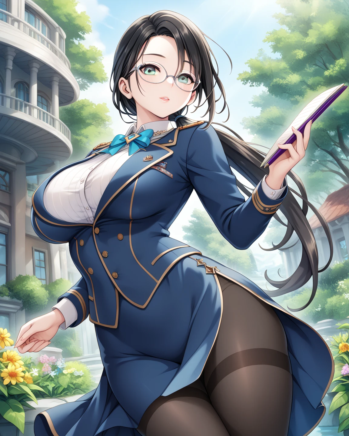  Masterpiece, 1 Guild Receptionist ,　pen:1.5 ,(( Adventurers Guild Receptionist's Uniform :1.4)),((Long tight skirt with slits :1.4)), Long Sleeve ,Silver glasses,(( Black Knee High Tights:1.2)),Height: 165cm, beautiful body line ,Big Breasts, black hair,((A woman with beautiful, gentle, and beautiful gray eyes wearing a low ponytail on her shoulder :1.4)), A woman with gray eyes and a beautiful and gentle face, beautiful model standing, viewed from oblique front,((:1.4))