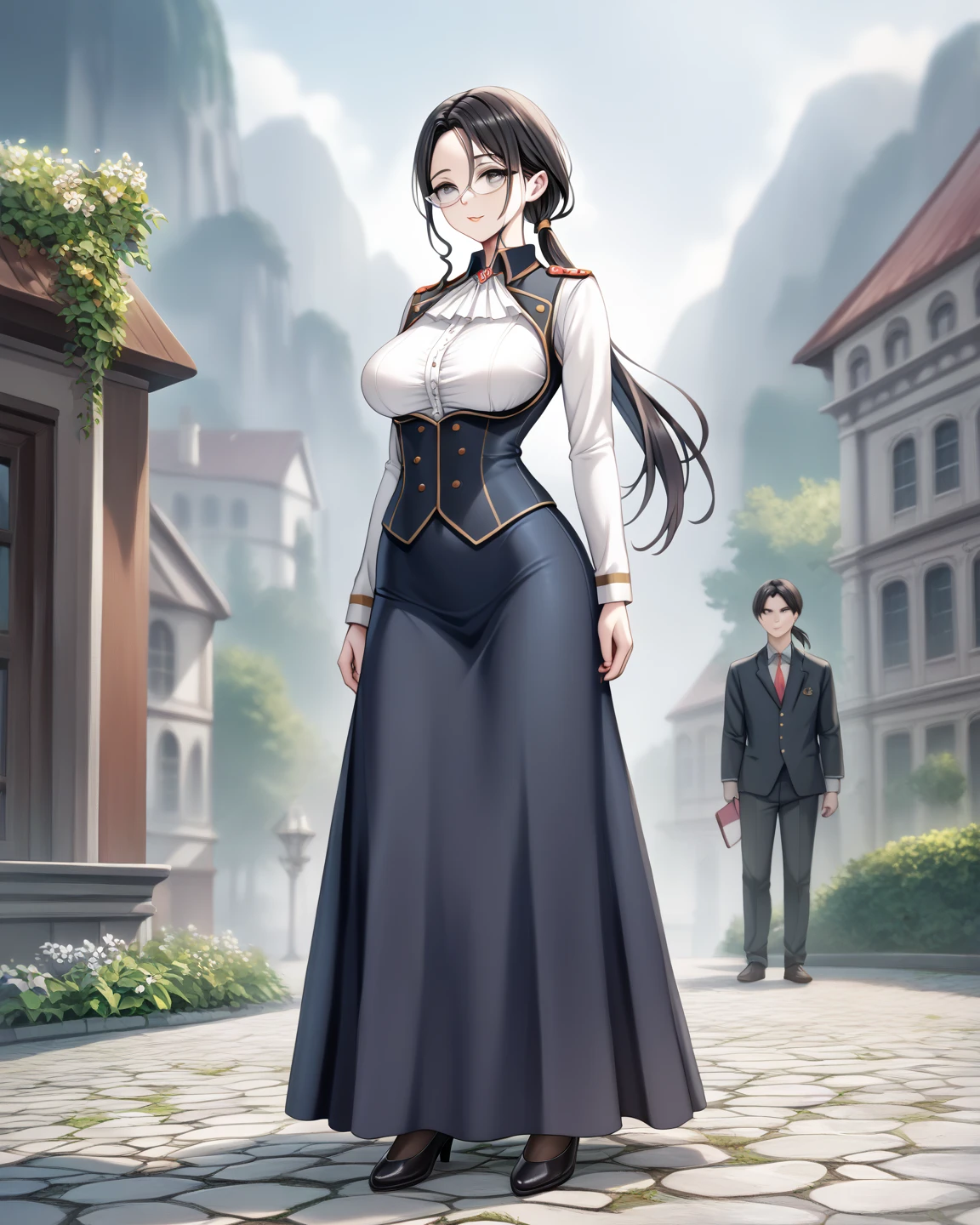  Masterpiece, 1 Guild Receptionist ,　pen:1.5 ,(( Adventurers Guild Receptionist's Uniform :1.4)),((Long tight skirt with slits :1.4)), Long Sleeve ,Silver glasses,(( Black Knee High Tights:1.2)),Height: 165cm, beautiful body line ,Big Breasts,((Woman with dark hair and low ponytail on her shoulders :1.4)), beautiful and gentle face with gray eyes, beautiful model standing, viewed from oblique front,((:1.4))