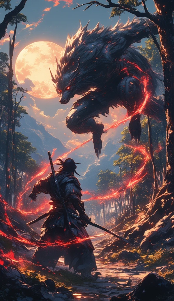 A samurai with a katana fights a giant werewolf in the forest. The samurai's back is facing the viewer, while the giant werewolf can be seen jumping high in the air above the samurai, with its claws swiping down. The glaring red trail of its claws swipe is visible. Some trees have claw marks and are chopped down from the fight. Up in the sky, the full moon shines brightly from afar. 