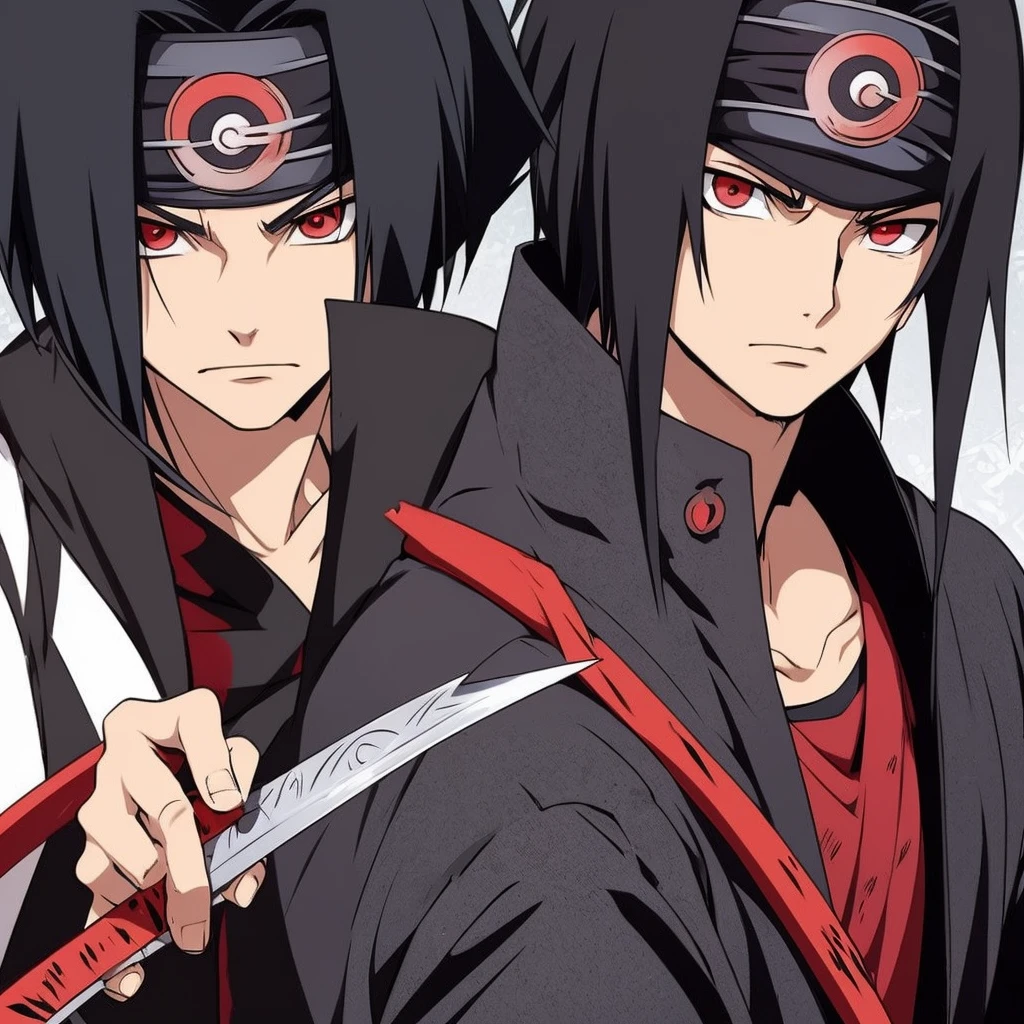 Itachi Uchiha black haired with spotted Sharingan red eyes with sword in his hand black clothes summoning Suzano