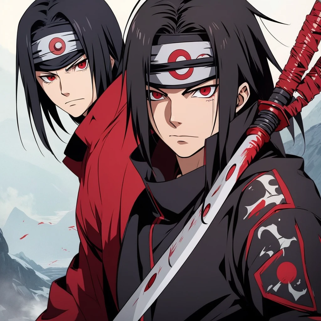 Itachi Uchiha black haired with spotted Sharingan red eyes with sword in his hand black clothes summoning Suzano