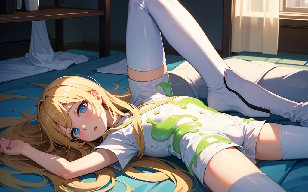 Masterpiece, (Best Quality), Alone, (Young Woman), Solo, Blonde Long Straight Hair, Big, Dog Ears, (Golden Eyes), (Pajamas with green and white stripes), Barefoot, (Sleeping with eyes closed)), Sweating a lot, ((Open legs)), (Sleeping on the back), ((Very dark)), (Midnight Room))), On the bed, (Lower body only image)