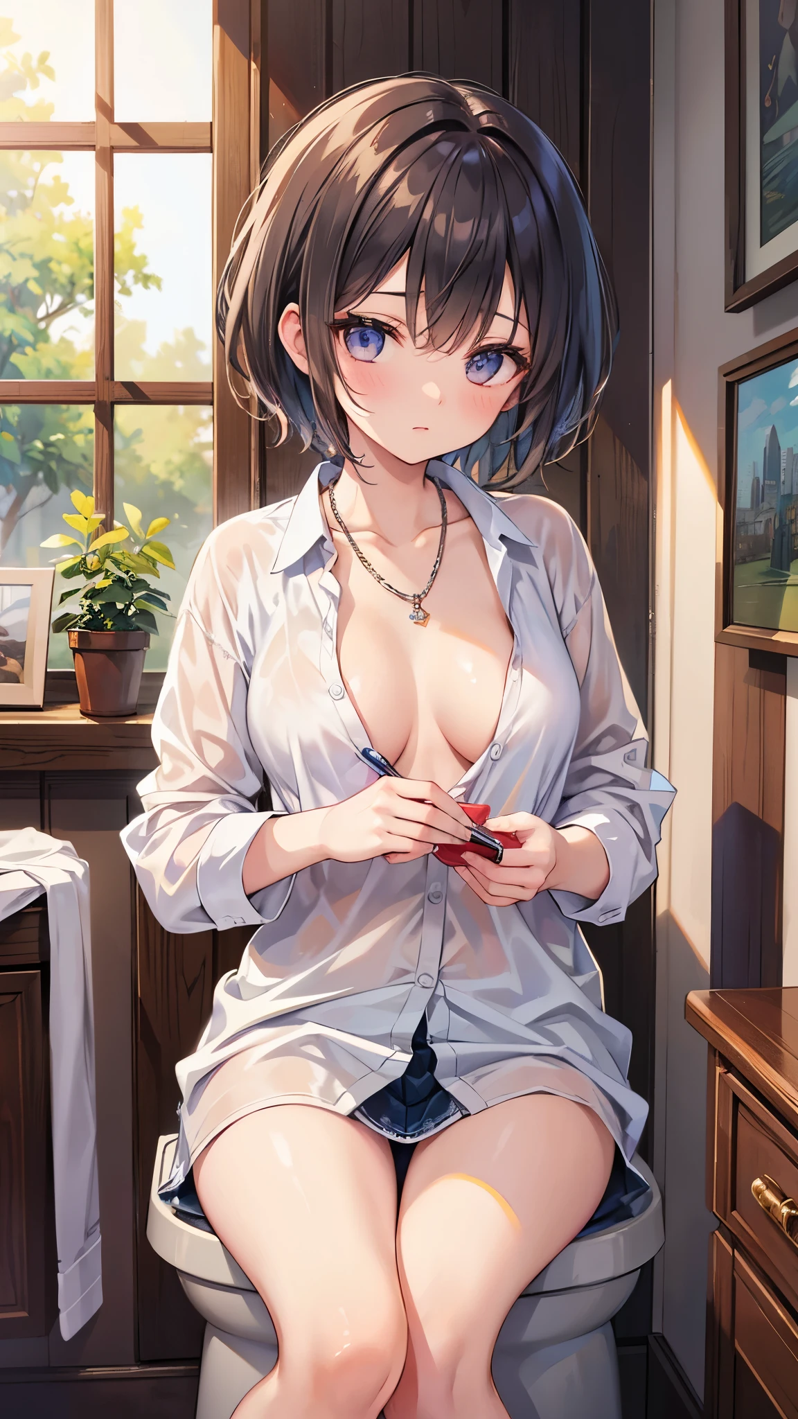 （nsfw）, (see-through:1.4),(breasts under shirts)，no bra, nipple bulges（topless），（highly  detailed），（wet cloth）, one-girl，Off-the-shoulder attire，astonishment，tutor，Black color hair，straight long hair，white  shirt，Mature woman，25-year-old woman，Large breasts，scowling，Top-down view，Close-up shot，Write homework，inside in room，bookshelves，desks