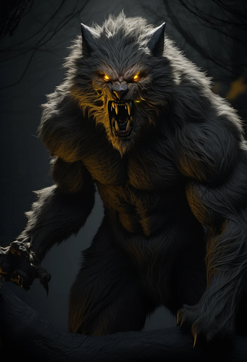 a werewolf, highly detailed, intricate anatomical details, muscular body, sharp fangs, glowing yellow eyes, thick fur, claws, full moon, dark forest, moody lighting, cinematic composition, dramatic shadows, fantasy, concept art