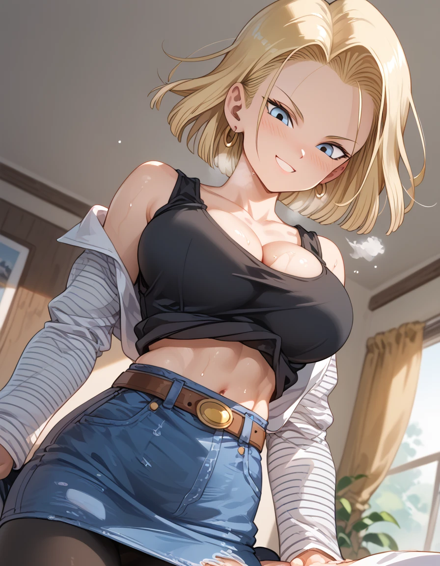 Android 18, blonde hair, blue eyes, eyelashes, hoop earrings, short hair, earrings
belt, black legwear, (black tank top), breast pocket, cleavage, collarbone, (denim, denim skirt), high-waist skirt, jewelry, long sleeves, pocket, shirt, shirt tucked in, skirt, striped, striped sleeves, waistcoat,( black pantyhose),cleavage,(athletic body),(Beautifully shaped breasts:1.1) ,(round breasts),((slender)),(curving waist) ,(Skinny Body),((perfect body)),
sweat,wet,breath,smirk,nose blush,(breast focus),random situation,(Straddles on top),(Pounding),(Showing off her cleavage),(Show off your chest by putting your finger around your collar),naughty face,(from below),(breast close-up),((shirt lift up)),(color bra:1.2),( mischievous smile),(athletic stomach),indoors,bedroom,Mu-ra-mu-ra,Estrus season,Tempting