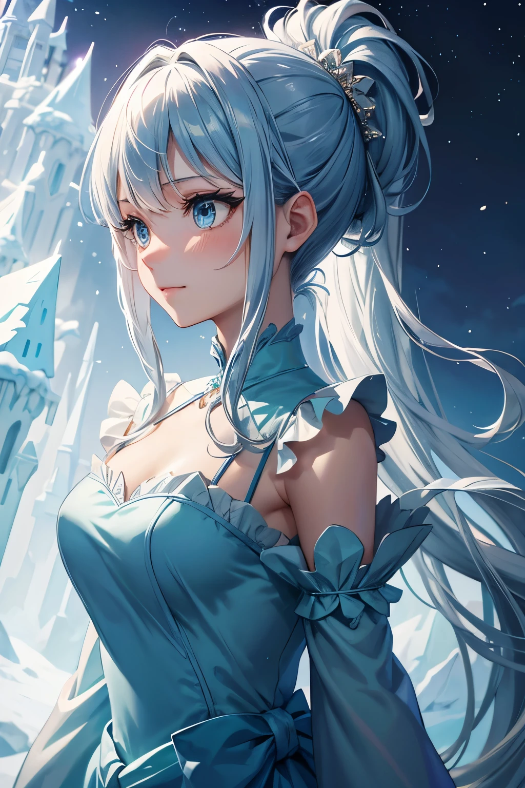 (((masterpiece))),best quality, illustration, (beautiful detailed girl),beautiful detailed glow,(detailed ice:1.45),beautiful detailed water,(beautiful detailed eyes),expressionless,(floating palaces:1.3),azure hair, disheveled hair, long bangs, hairs between eyes,(sky blue dress),black ribbon, white bowties, midriff,{{{half closed eyes}}}, blank stare, flower, large top sleeves