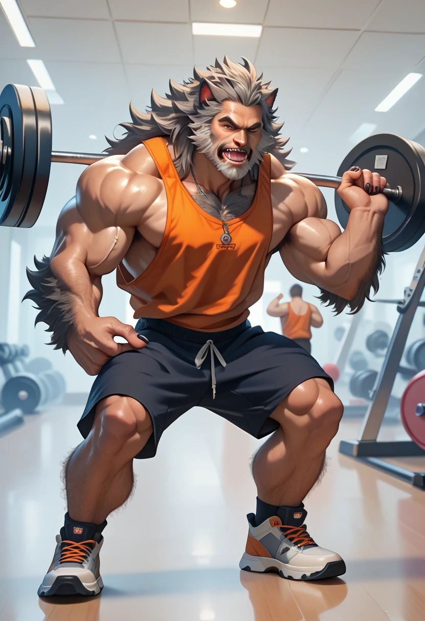 score_9, score_8_up, score_7_up, score_6_up, score_5_up, score_4_up, best quality, masterpiece, 

A muscular Werewolf with body hair all over his body is training in the gym, grey and white frizzy hair, barbells, orange tank top, black pantaloons,