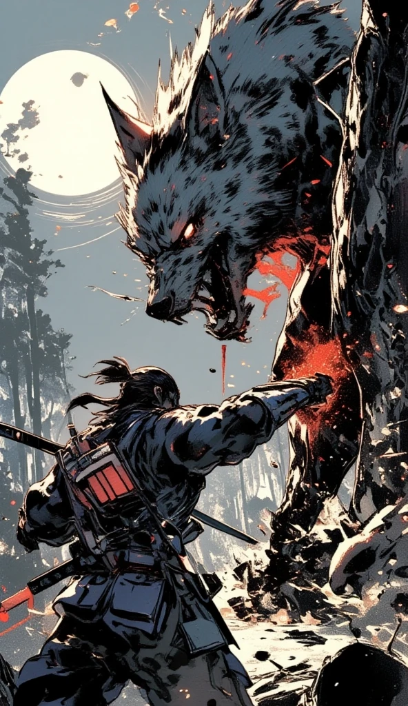 A samurai with a katana fights a giant werewolf in the forest. The samurai's back is facing the viewer, while the giant werewolf can be seen jumping high in the air above the samurai, with its claws swiping down. The glaring red trail of its claws swipe is visible. Some trees have claw marks and are chopped down from the fight. Up in the sky, the full moon shines brightly from afar. 