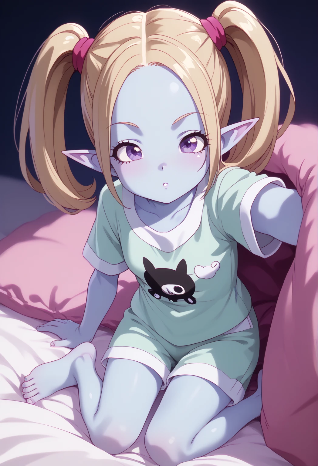 masterpiece,High resolution,Highest quality,8k, Those_Anime-Series, panzy, twintails, pointy ears, purple eyes, colored skin,blue skin, long hair, small breast ,dynamic angle, takeda hiromitsu style,      pajama,, sitting on bed,  barefoot, curvy