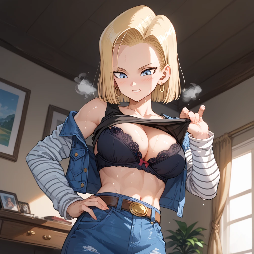 Hyper detailed image, UHD, 16k, professional photo, (Realistic photo of Android-18 from Dragon Ball Z) girl Goddess of beauty, very straight short blonde hair, serious face expression, ((she wears a blue denim jacket and a cropped white shirt, short white underground showing flesh of the breast)), erotic, open denim jacket showing her impressive, beautiful and perfect big breasts, (tits, long pointed breasts sticking out of the jacket), she wears a belt and a (raised blue denim skirt showing micro panties stuck in the pussy, bubian hair showing), brown boots, perfect hands and fingers,
android 18, sexy saiyan girl, she releases bursts of power, ki, Official Art, Android-18 Sexy female, official character art, sexy female protagonist, lean and toned body curved :8, Akiri Toriyama, Director: Akira Toriyama, Bulma from Dragon Ball, Best Anime Character Design, Akira Toriyama Style, beautiful single character, semi-nude, (great lighting)