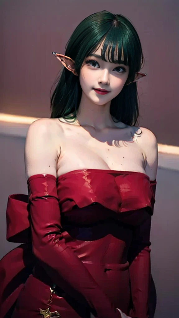  ((masterpiece,best quality,ultra-delicate,Perfect Face,16k,very detailed eyes,high resolution,very beautiful girl)),green hair,Red strapless bodycon tube dress with huge red bow on the back:2.0,Red long arm sleeves,Elf Girl,large Breasts,blue eyes, very fine smile:2.0,upper body shot,