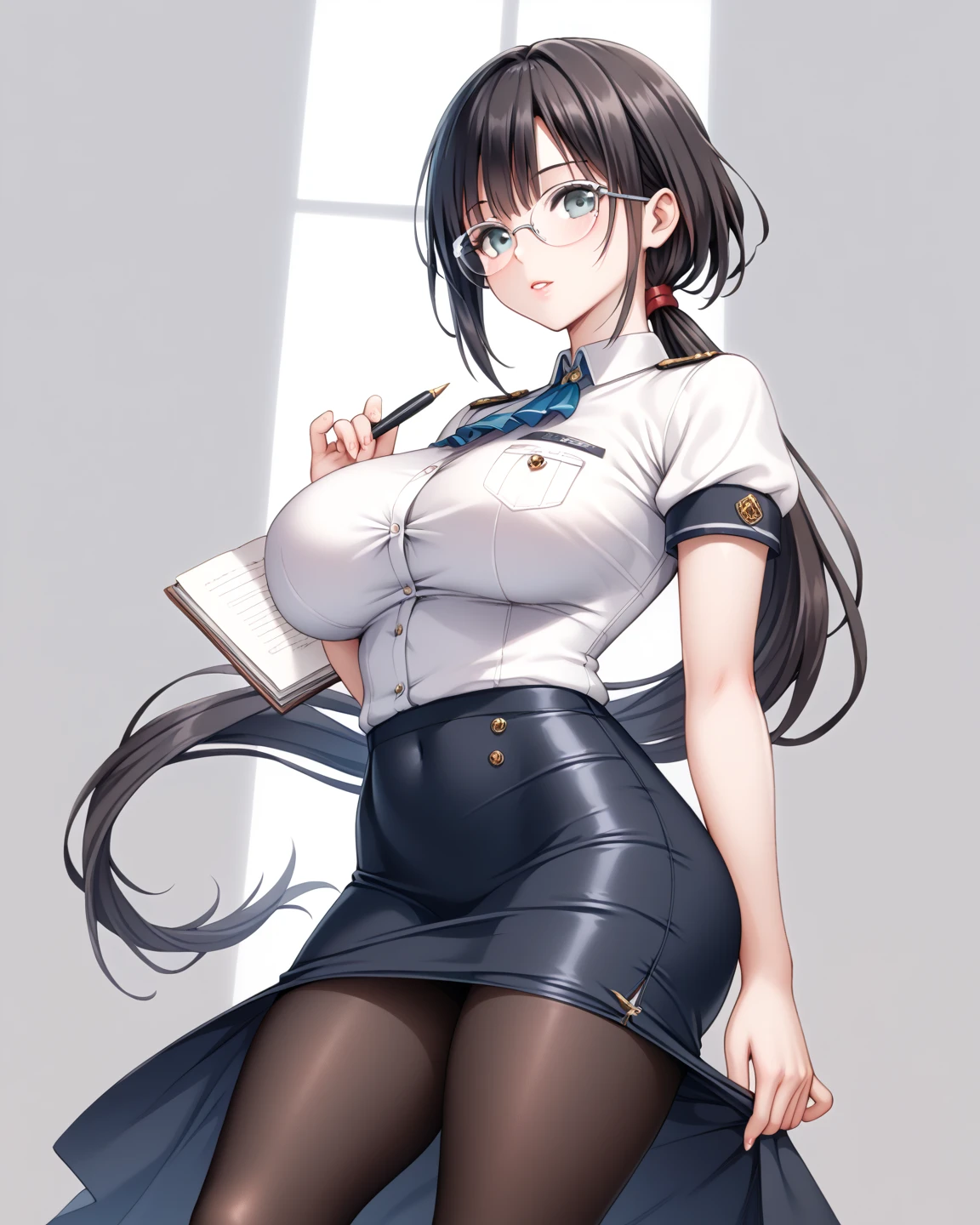  Masterpiece, 1 Guild Receptionist ,　pen:1.5 ,((Guild Receptionist Uniform:1.4)),((Long tight skirt with slits :1.4)),,Silver glasses,(( Black Knee High Tights:1.2)),Height: 165cm, beautiful body line ,Big Breasts,((Woman with dark hair and low ponytail on her shoulders :1.4)), gray eyes,A woman with a beautiful and kind face, beautiful model standing, viewed from oblique front,((:1.4))