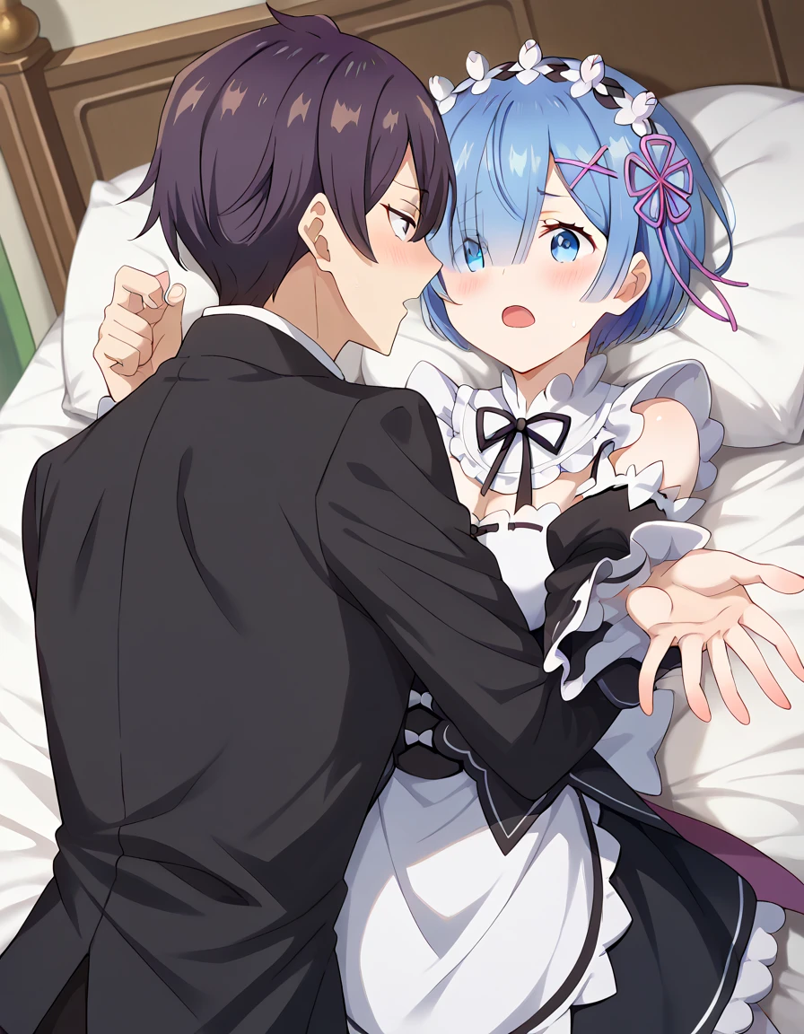 score_9, score_8_up, score_7_up,  source_Anime, 1 male,(Kuze Masachika )1 female(rezeroRem),(( upper body naked,)) man has sex with woman ,  is hugging a woman and each other,Rem,  blue eyes,  blue hair,  hair ornament ,  hair on one eye, hair ribbon,  short hair, x  hair ornament ,  blushes her cheeks ,A man who opens his mouth and cries loudly ,Close one eye
aprons, black ribbon, black  skirt, Black Sleeves,  Detached Color ,  Detachable Sleeves , flower,  frilled apron , frilled  skirt, frills, Head Wreath,  Long Sleeve , Maid, mini skirt, neck ribbon, purple ribbon, ribbon, ribbon trim, ribbon-trimmed sleeves, roswaal mansion Maid uniform,  short hair,  skirt,  Thigh High Socks, Waist Apron, White Apron, white  Thigh High Socks,
indoor,  bed, On the back, arm support, arms up, incoming hug, throw, Reaching , Reaching  towards viewer,,  Dutch Angle,  Cowboy Shots,