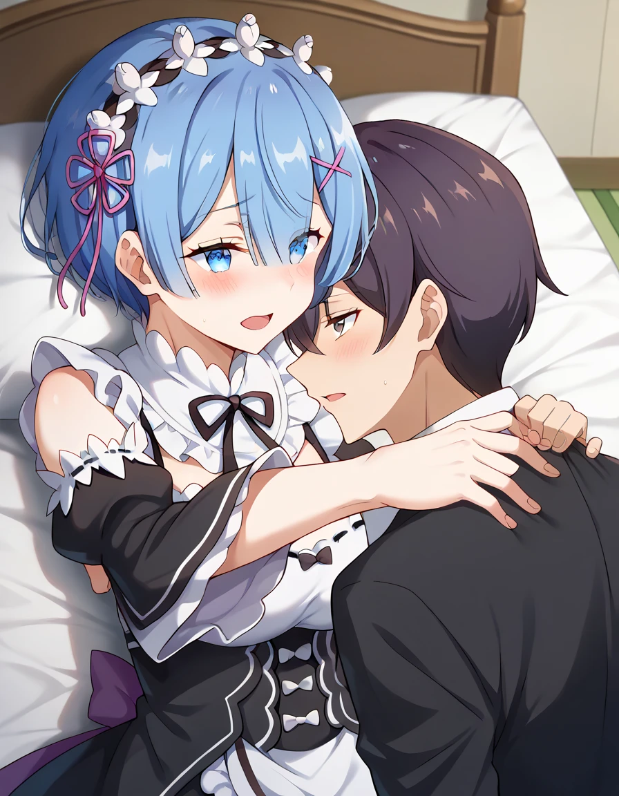 (man and woman kissing:1.6), French kiss, (masterpiece, Best Quality, high resolution, nffsw, Perfect Pixel, depth of fields, 4K), , Perfect body, , (boy and girl:1.6), (2 human in picture:1.6) boy on top,  Eft_ReZero_Rem,  rem (re:zero), blue hair, , blue eyes, roswaal mansion maid uniform, short hair, maid, hair over one eye, hair ornament, breasts, detached sleeves, ribbon, x hair ornament, cleavage, hair ribbon, , maid headdress, anime coloring, pink ribbon, , parody, , neck ribbon, frills,  bangs, black ribbon, (large boob:1.4) , nsfw,(ecstasy:1.3) ,(slut:1.2),(vulgarity:1.3),(fucked silly:1.1),(steam:1.1),(wet:0.8),(trembling:0.8),(tears:0.7) ,(drooling:0.6),(sweat:0.8), wince,(orgasm:1.5), , (nipples:1.4), , ,,(hardcore,sex:1.4), , (boy fondle girl's breasts:1.6) , 