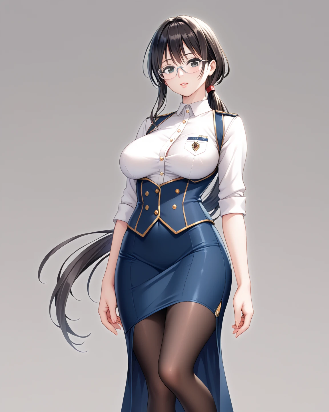  Masterpiece, 1 Guild Receptionist ,　pen:1.5 ,((Guild Receptionist Uniform:1.4)),((Long tight skirt with slits :1.4)),,Silver glasses,(( Black Knee High Tights:1.2)),Height: 165cm, beautiful body line ,Big Breasts,((Woman with dark hair and low ponytail on her shoulders :1.4)), black eyes,A woman with a beautiful and kind face, beautiful model standing, viewed from oblique front,((:1.4))