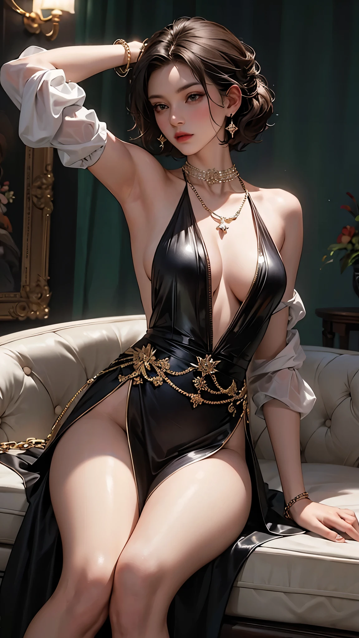 (( top quality)),( super high resolution ),( super detailed),( detailed description ),(( best CG )),( Best Artwork ), Ultra Precision Art, amazing painting art,(Exquisite art:1.5), woman, Front open shirt, listless expression, chain necklace for toilet, short hair