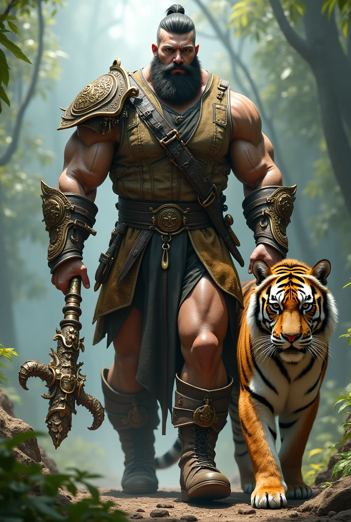 A man is scary in a mountain with a tiger in the background a little scary and the written on the side. Nem sumon gorami