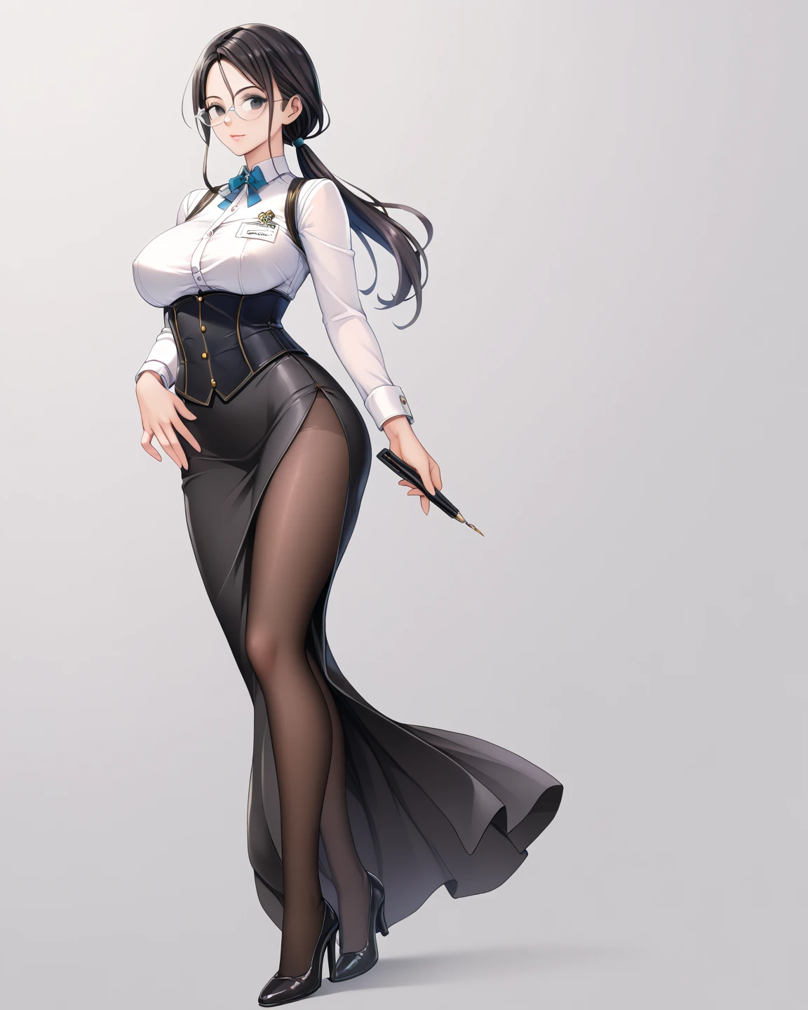  Masterpiece, 1 Guild Receptionist ,　pen:1.5 ,((Guild Receptionist Uniform:1.4)), Corset Vest ,((Long tight skirt with slits :1.4)),,Silver glasses,(( Black Knee High Tights:1.2)),Height: 165cm, beautiful body line ,Big Breasts,((Woman with dark hair and low ponytail on her shoulders :1.4)), black eyes,A woman with a beautiful and kind face, beautiful model standing, viewed from oblique front,((:1.4))