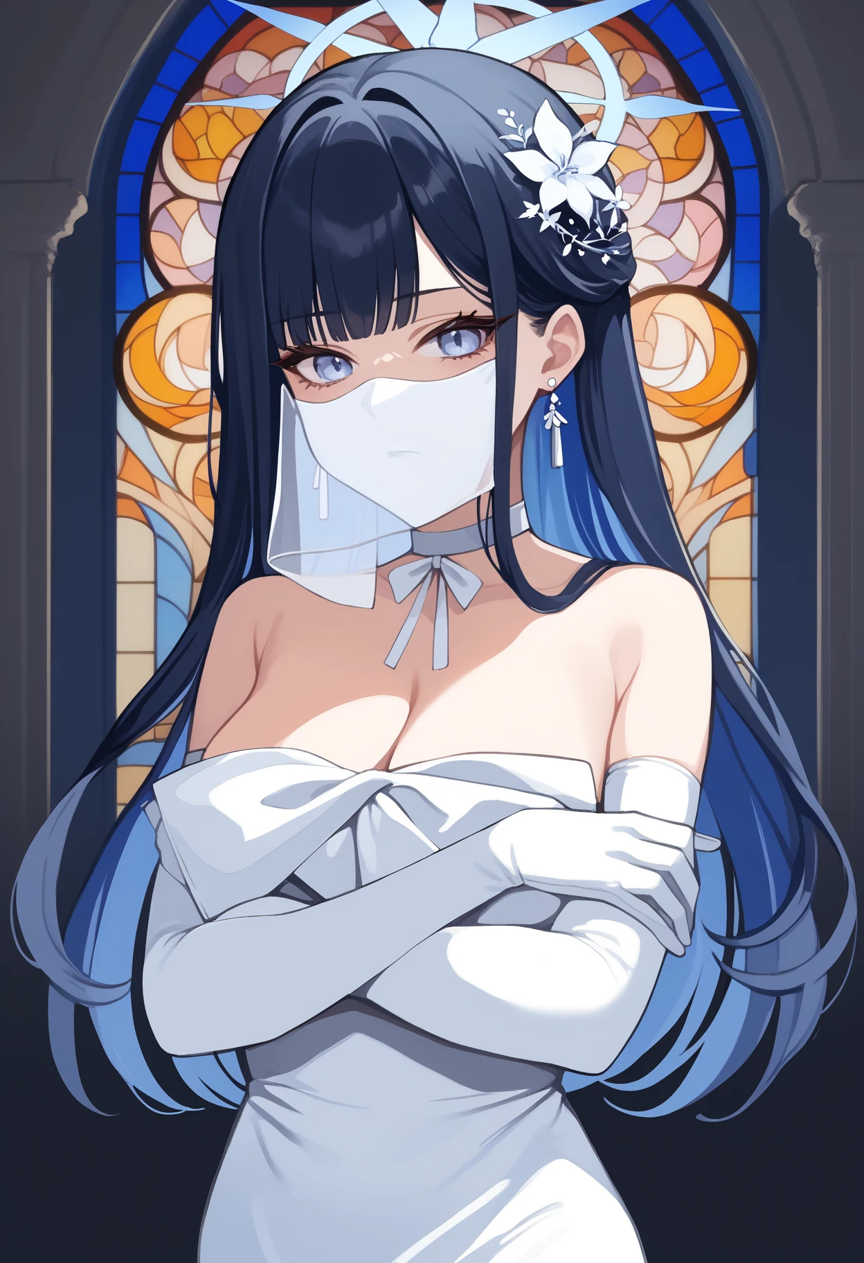 score_9, score_8_up, score_7_up, source_anime, solo, 1girl, saoridress, expressionless, looking at viewer, crossed arms, colored inner hair, hair flower, halo, white dress, strapless dress, white veil, mouth veil, white gloves, elbow gloves, earrings, white choker, bare shoulders, cleavage, large breasts, indoors, stained glass 