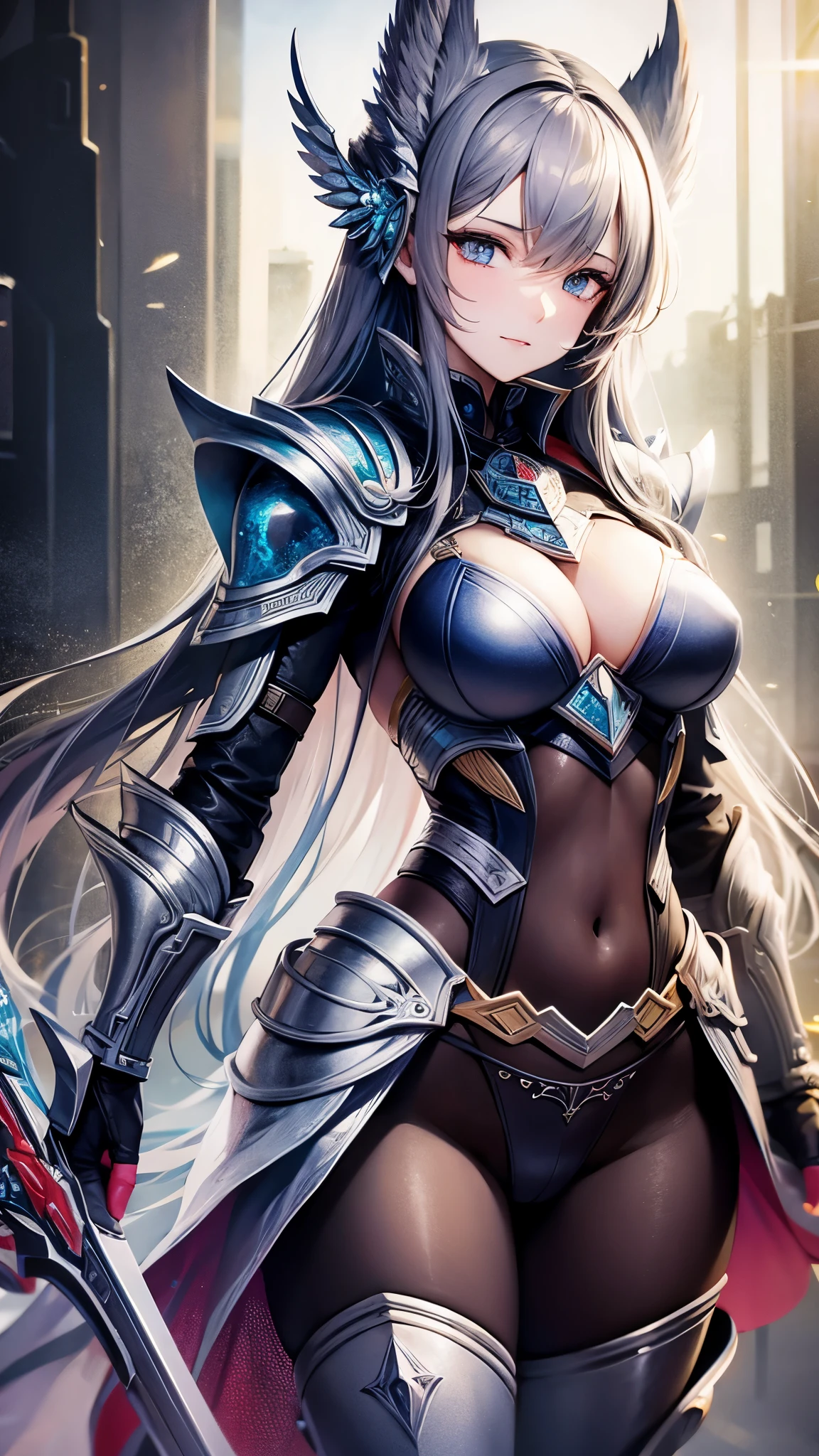 close up shot of a woman in a silver and blue dress, silver armor, large breasts, cleavage, chengwei pan on artstation, by Yang J, detailed fantasy art, stunning character art, smile