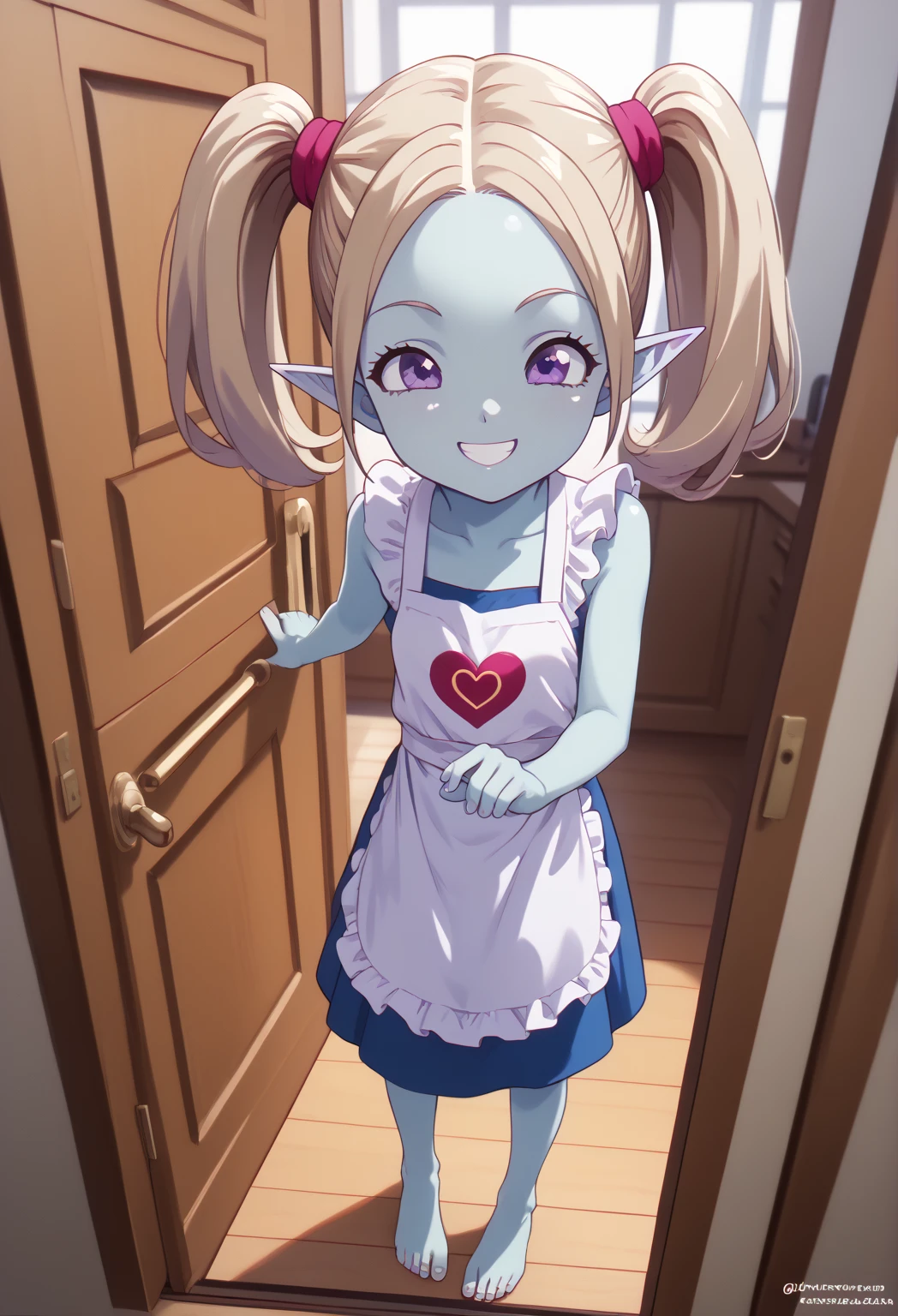 masterpiece,High resolution,Highest quality,8k, Those_Anime-Series, panzy, twintails, pointy ears, purple eyes, colored skin,blue skin, long hair, small breast ,dynamic angle, takeda hiromitsu style,     happy, doorway, greeting, contemporary apartment, apron, white apron, pov, smile, sleeveless, feet, barefoot, full body petite