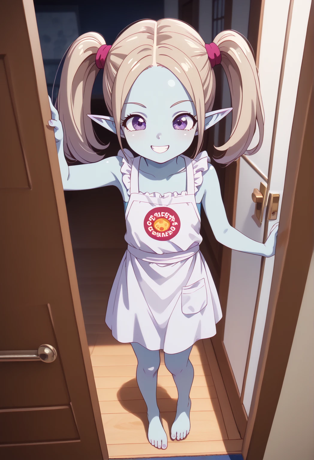 masterpiece,High resolution,Highest quality,8k, Those_Anime-Series, panzy, twintails, pointy ears, purple eyes, colored skin,blue skin, long hair, small breast ,dynamic angle, takeda hiromitsu style,     happy, doorway, greeting, contemporary apartment, apron, white apron, pov, smile, sleeveless, feet, barefoot, full body petite