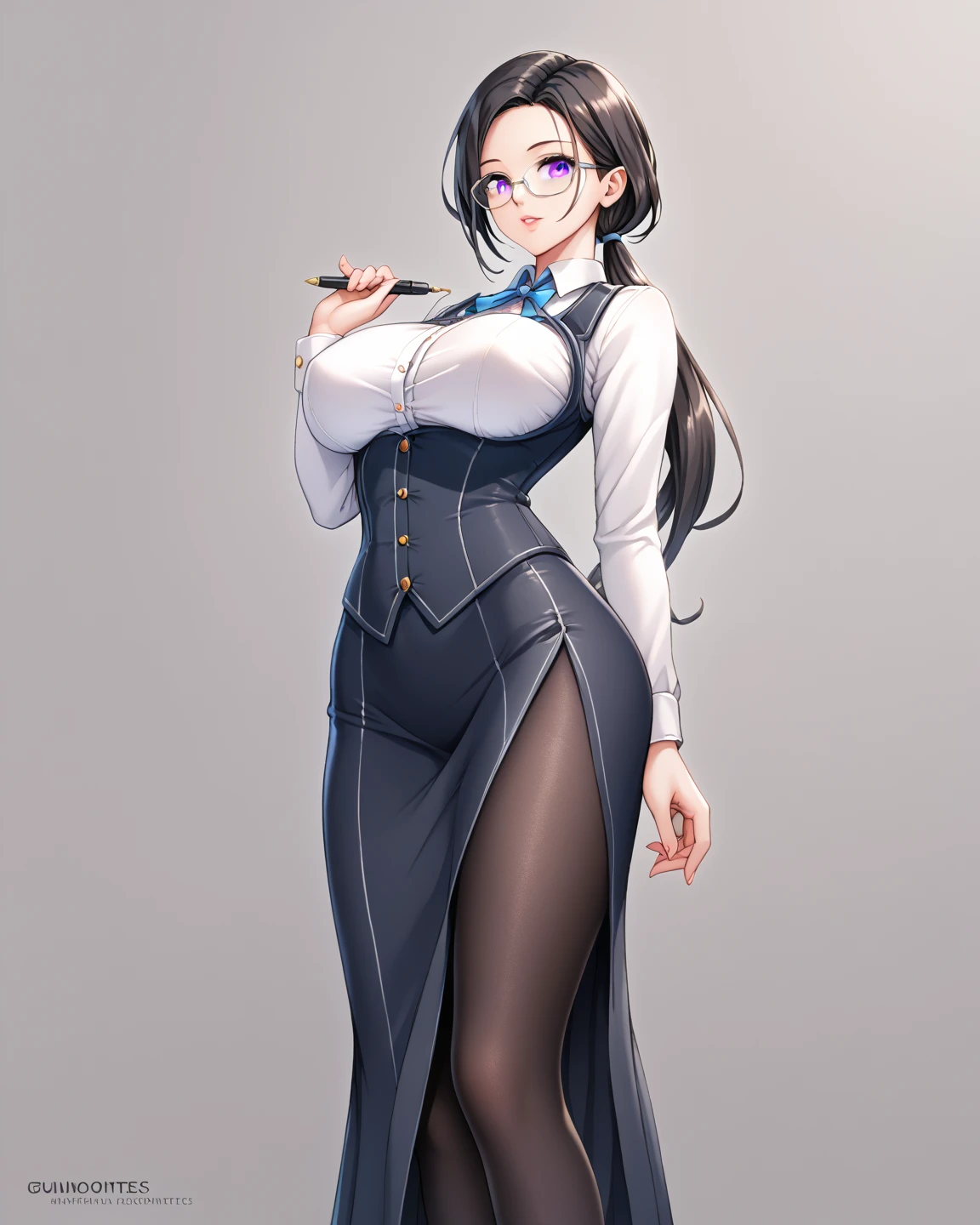  Masterpiece, 1 Guild Receptionist ,　pen:1.5 ,((Guild Receptionist Uniform:1.4)), Corset Vest ,((Long tight skirt with slits :1.4)),,Silver glasses,(( Black Knee High Tights:1.2)),Height: 165cm, beautiful body line ,Big Breasts,((Woman with dark hair and low ponytail on her shoulders :1.4)), gray eyes,A woman with a beautiful and kind face, beautiful model standing, viewed from oblique front,((:1.4))