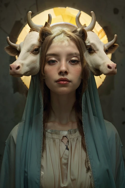 Virgin Mary, Two cow heads coming out of Maria's skull , halo,  surreal , 