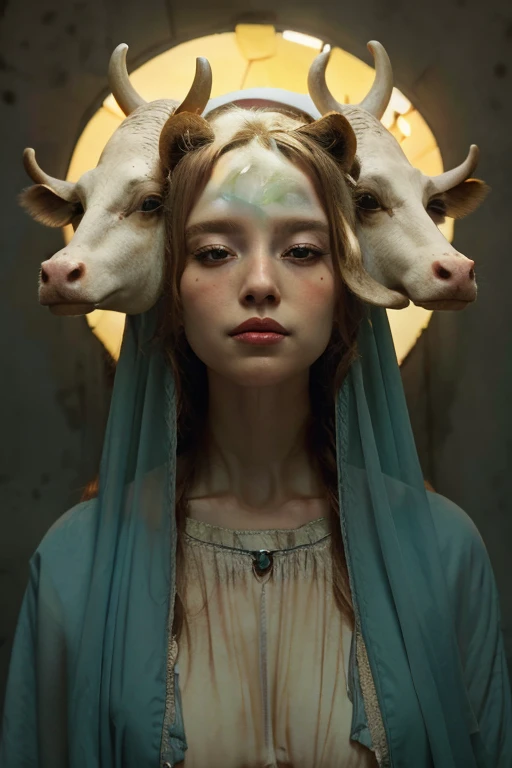 Virgin Mary, Two cow heads coming out of Maria's skull , halo,  surreal , 