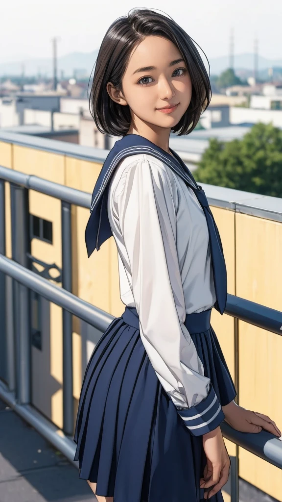 Post-Impressionism (One girl, Sailor suit, skirt), Leaning on the railing, Big smile, Half Body Shot, Sharp focus, Beautiful junior high school students, Soft lighting, A kind smile, ((noon)), Bokeh, School rooftop, Beautiful Face, 24mm lens, fuji provia  School rooftop cool girl  heibaidiao, silhouette, Light and shadow, Painted Poster Film Overlay, Film Grain, Image Border