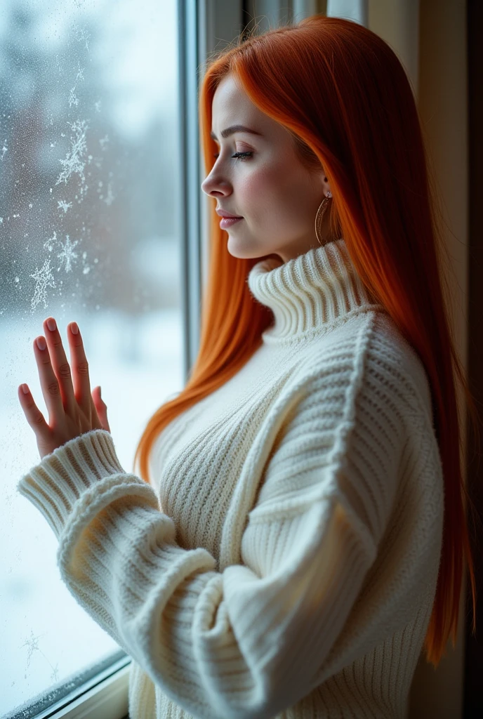 ( super high resolution ,  top quality,  high res icons),   photorealistic:1.5, 1 Female, winter,snow,The window is foggy ,   paint with your finger on the frosted window glass,  indoor, white sweater, HIGH NECK , Big Breasts ,Northern Europe, long hair on background, redhead,