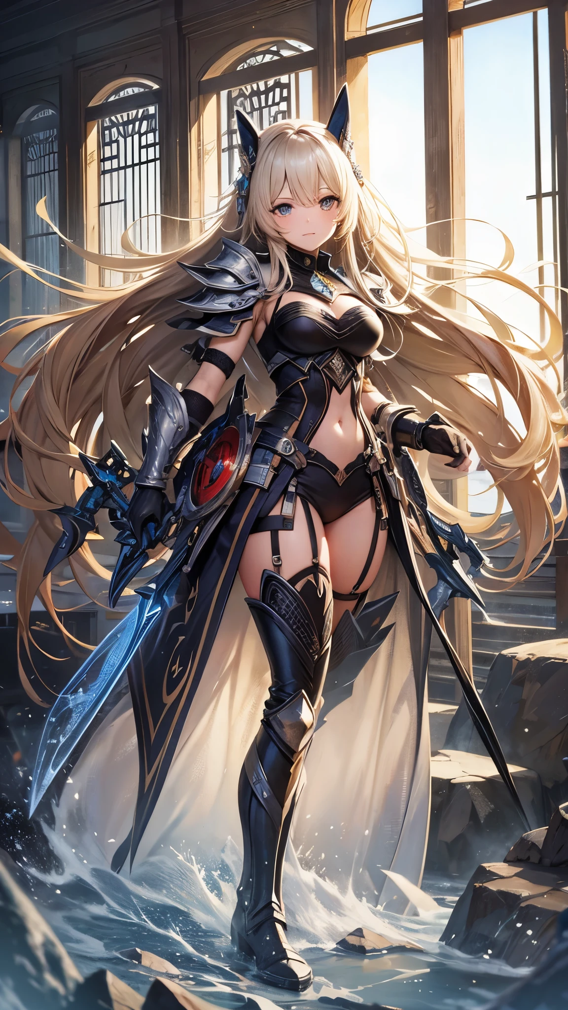 (masterpiece), (best quality:1.4), (perfect anatomy:1.4), high quality, expressive eyes, full body, tall girl, detailed face, beautiful face, perfect face, detailed ((blonde hair)), (green hair), {{pale skin}}, chimera, large breasts, thick thighs, very long hair, bare shoulders, denim, (short shorts), dynamic lighting, high resolution, 4k resolution, dynamic pose, silver jewelry, {fantasy background}, choker, animal ears, cat ears, ((lion ears)), {{snake head tail}}, snake tail, (tail), ((multicolored hair)), thigh-highs, horns, goat horns, dragon horns, curvy, ((monster girl)), heterochromia, red eyes, icy blue eyes, feathered wings, claws, thigh gap, white shirt, brown leather jacket, cowboy hat, midriff, oversized crossbow, crossbow,