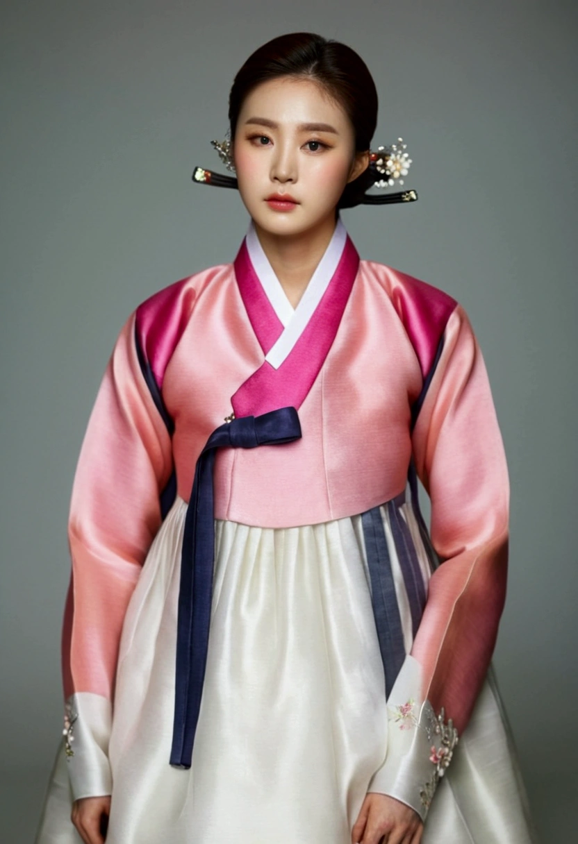  A Korean man is wearing a women's hanbok ,  He's a female man ,  His chest has big breasts like a woman,  His face is very masculine ,  His hair is short like a man ,  A luxurious woman's hanbok made of silk , The Hanbok jacket is very small ,  pink and white