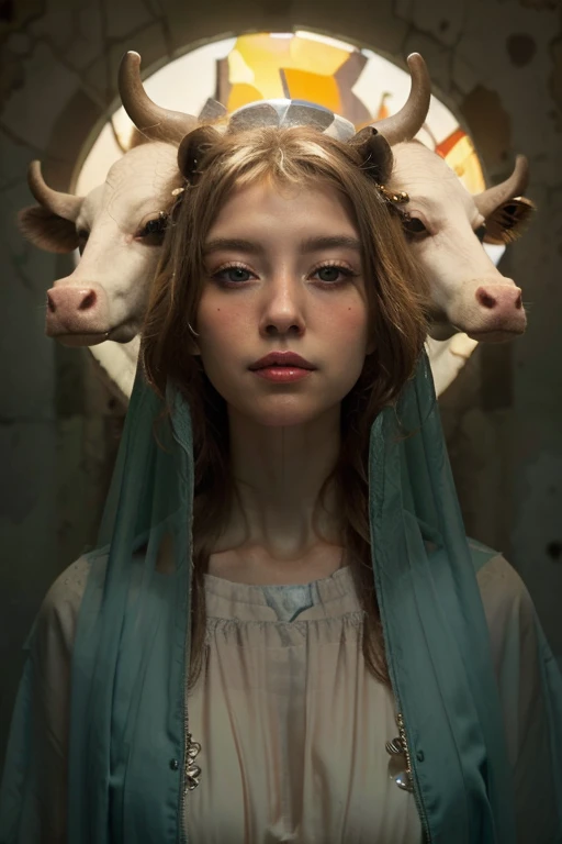 Virgin Mary, Two cow heads coming out of Maria's skull , halo,  surreal , 