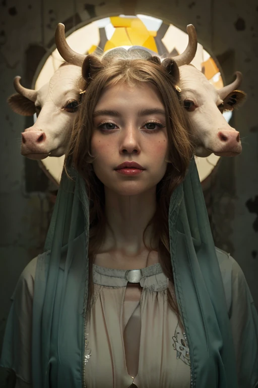 Virgin Mary, Two cow heads coming out of Maria's skull , halo,  surreal , 