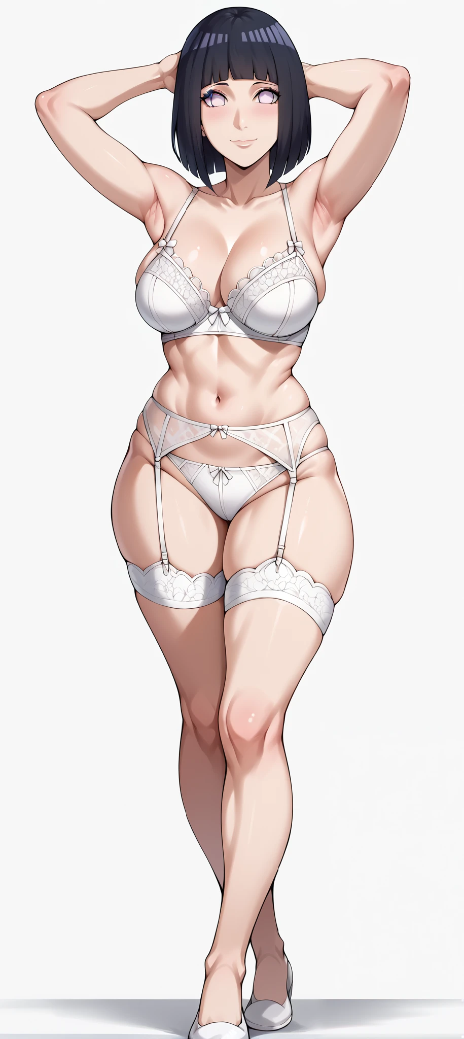 score_9, score_8_up, score_7_up, source_anime, 4K,
1girl,hinata uzumaki, hyuuga hinata, short hair, bangs, black hair, blunt bangs, white eyes, mature female, large breasts,,
wearing ((white lingerie:1.5)),,
((fullbody)),large breasts,long legs,perfect fingers,armpit,looking at viewers,((front look:1,5)),white plain background,