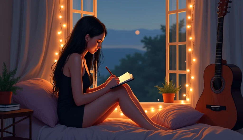 pintura de uma mulher sentada em uma cama escrevendo em um bloco de notas, Arte digital Ilya Kuvshinov, pintura realista da menina bonito, Breathtaking Ilya Kuvshinov, estudar no quarto, estilo de arte : Ilya Kuvshinov, Paisagem de Ilya Kuvshinov, estilo de arte realista, estilo de arte realista, ( Ilya Kuvshinov ), Pintura realista