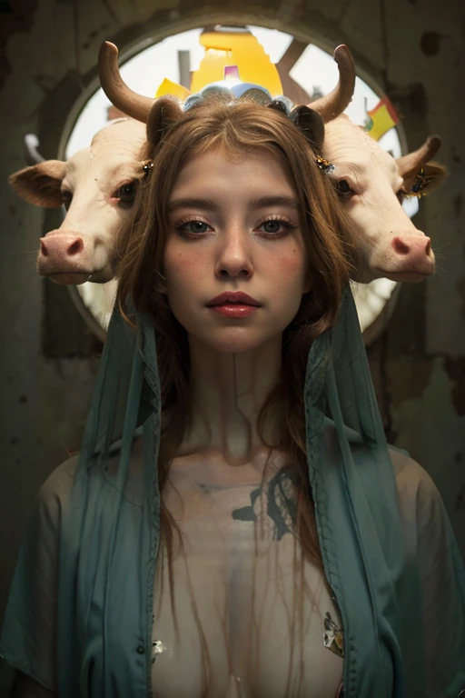 Virgin Mary, Two cow heads coming out of Maria's skull , halo,  surreal , 