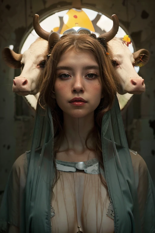 Virgin Mary, Two cow heads coming out of Maria's skull , halo,  surreal , 