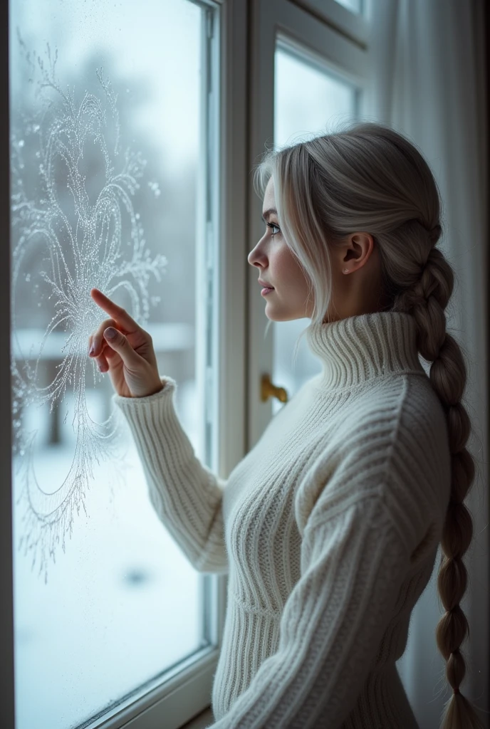 ( super high resolution ,  top quality,  high res icons),   photorealistic:1.5, 1 Female, winter,snow,The window is foggy ,  Trace with your finger on the frosted window glass,  indoor, white sweater, HIGH NECK , Big Breasts ,Northern Europe, long hair on background, Silver Hair,Back braid,