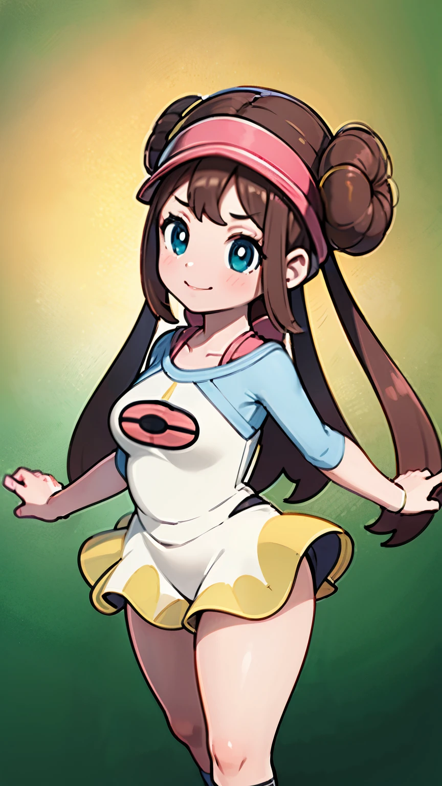 (best quality, highres, masterpiece:1.2), ultra-detailed, realistic:1.37, sketches, rosa pokemon, def1, teenage girl, sexy pose, curvy, visible thighs, chubby thighs, thick thighs, thighs in the foreground, body shape, smile, encanto femenino, downblouse, sexy, cute face, smile, beautiful green degrade background, full body picture, short christmas dress, christmas hat, cute smile
