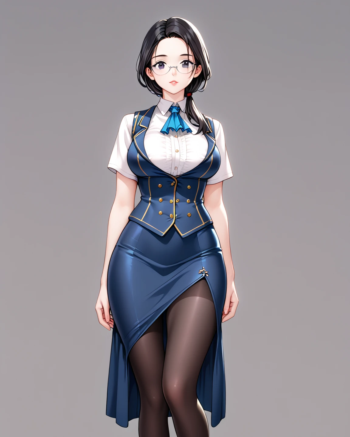  Masterpiece, 1 Guild Receptionist ,　pen and documents:1.5 ,((Guild Receptionist Uniform:1.4)), Corset Vest ,((Long tight skirt with slits :1.4)),,Silver glasses,(( Black Knee High Tights:1.2)),Height: 165cm, beautiful body line ,Big Breasts,((Woman with dark hair and low ponytail on her shoulders :1.4)), black eyes,A woman with a beautiful and kind face, beautiful model standing, viewed from oblique front,((:1.4))