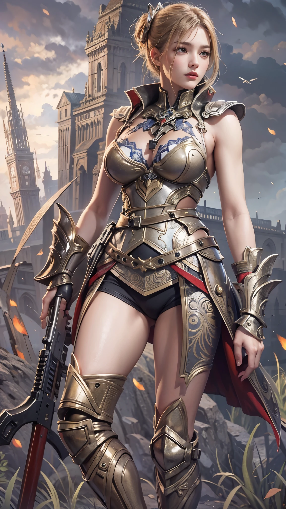 (8K, Best Quality: 1.2), (Masterpiece: 1.37), (Photo, Realism: 1.37), (Ultra High Resolution), Full Body Shot, Perfect Female Body, RAW Picture, 8K, Ultra Detailed, Walking Pose, Shot from the Front, Slow Motion, 21-Year-Old Female Paladin (Perfect Face, Perfect Beauty, Richly Decorated Armor, Big Breasts, Thin Waist, Long Legs, roman sandals Standing), (Highest Quality, Concept Art, 4k), (simulation: 1.2), (high sharpness), Masterpiece, best quality, (highly detailed photo: 1.1), realistic photography
