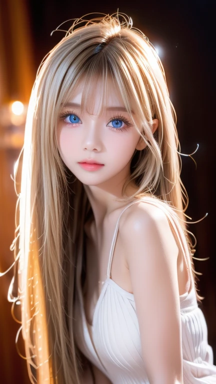 Transparent, radiant skin、18 years old cute sexy little beautiful face、Super long straight hair that shines in the light、Hair dancing in front of a cute beautiful face、Long, silky bangs that cover her cute eyes、Sexy face hiding blonde、 Very Long Blonde Hair、 sexy cute young woman 、Super long natural young blonde with shiny highlights、Hair above the eyes、片Hair above the eyes、hair between eyes、Very beautiful, large light blue eyes、Very big eyes、Small Face Girl