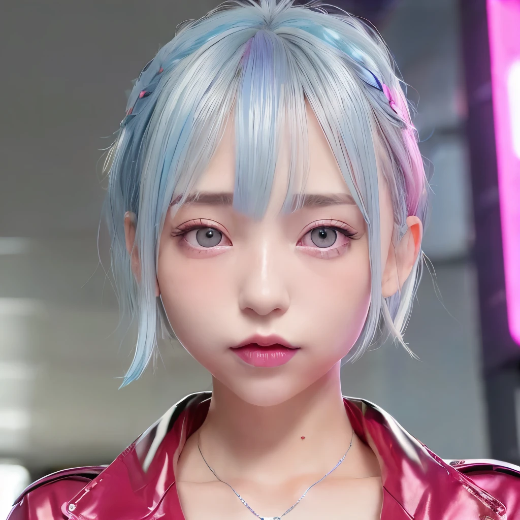 (8k, masterpiece, highest quality), With a round face、slim、(((flat body)))、cute、、、(upper body shot)、 1girl、Super detailed, best shadow, best lighting, highest quality, cinematic shots, , bangs, white background, paint, portrait, short hair, Blunt bangs, parted lips, paint Splatter, ((two tone hair)), look at the beholder,bicolor hair: blue and pink ,long hair (((colorful eyes)), paint splatter on face, chromatic aberration, simple background,