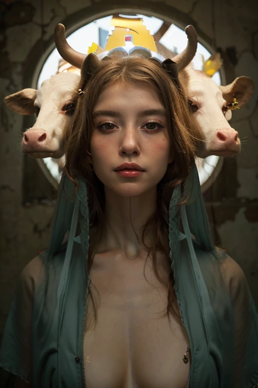 Virgin Mary, Two cow heads coming out of Maria's skull , halo,  surreal , 