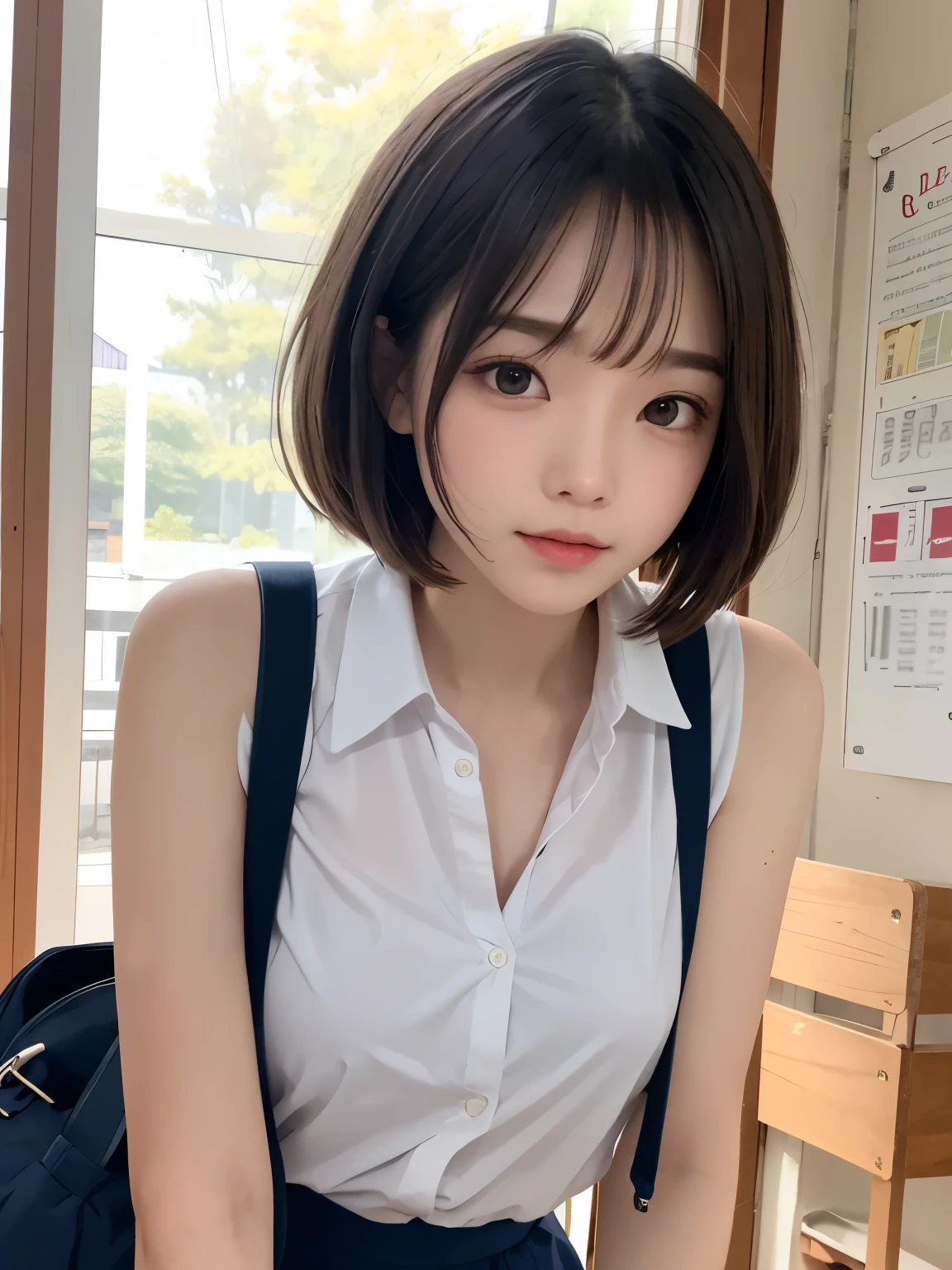 ((top quality, 8k, masterpiece: 1.3, raw photo)), Sharp Focus: 1.2, (1 aespa girl: 1.2), (Realistic, Photorealistic: 1.37), (face focus: 1.1), cute face, small breasts, flat chest, short messy hair, (white button up long shirt: 1.1), panties, beautiful woman sitting by the office room, spread legs, sunlight, movie lighting