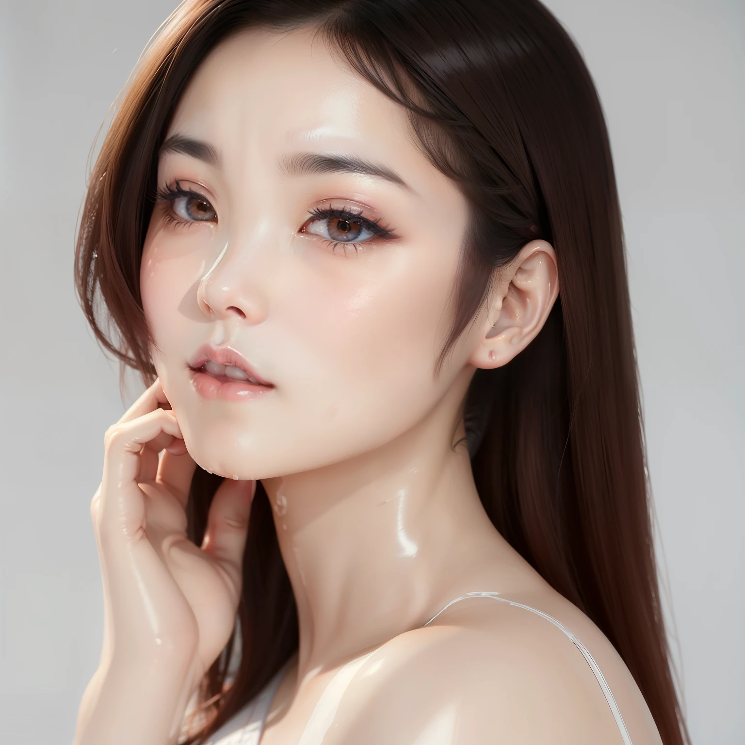 Featuring confident and radiant women、Generate AI Art Inspired by Korean Cosmetics Advertising。Displayed up to chest level、Her perfect skin、Lively makeup、Focus on fashionable hairstyles、Capturing the essence of K-beauty。Isolated on natural white background、Reflecting beauty and fashion trends、Alafed Asian Woman, Look at me diagonally、photoshoot for skincare brand, milky skin, shiny soft skin, clean face and body skin, wlop glossy skin, fanart, eora, Foamy skin, beauty campaign, Official Product Pictures, portrait shot, yangjun chen, Beautiful face in white tones, Ethereal skin